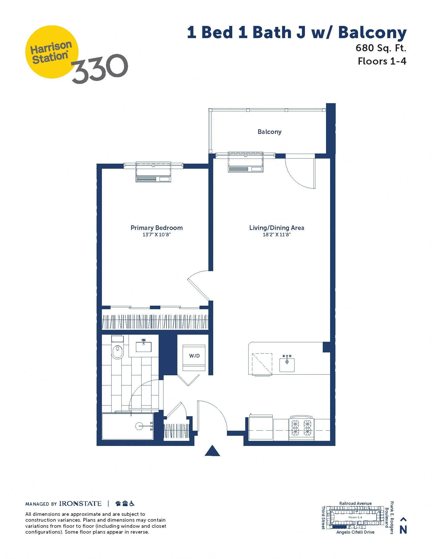 1 Bed 1 Bath J w/ Balcony floor plan