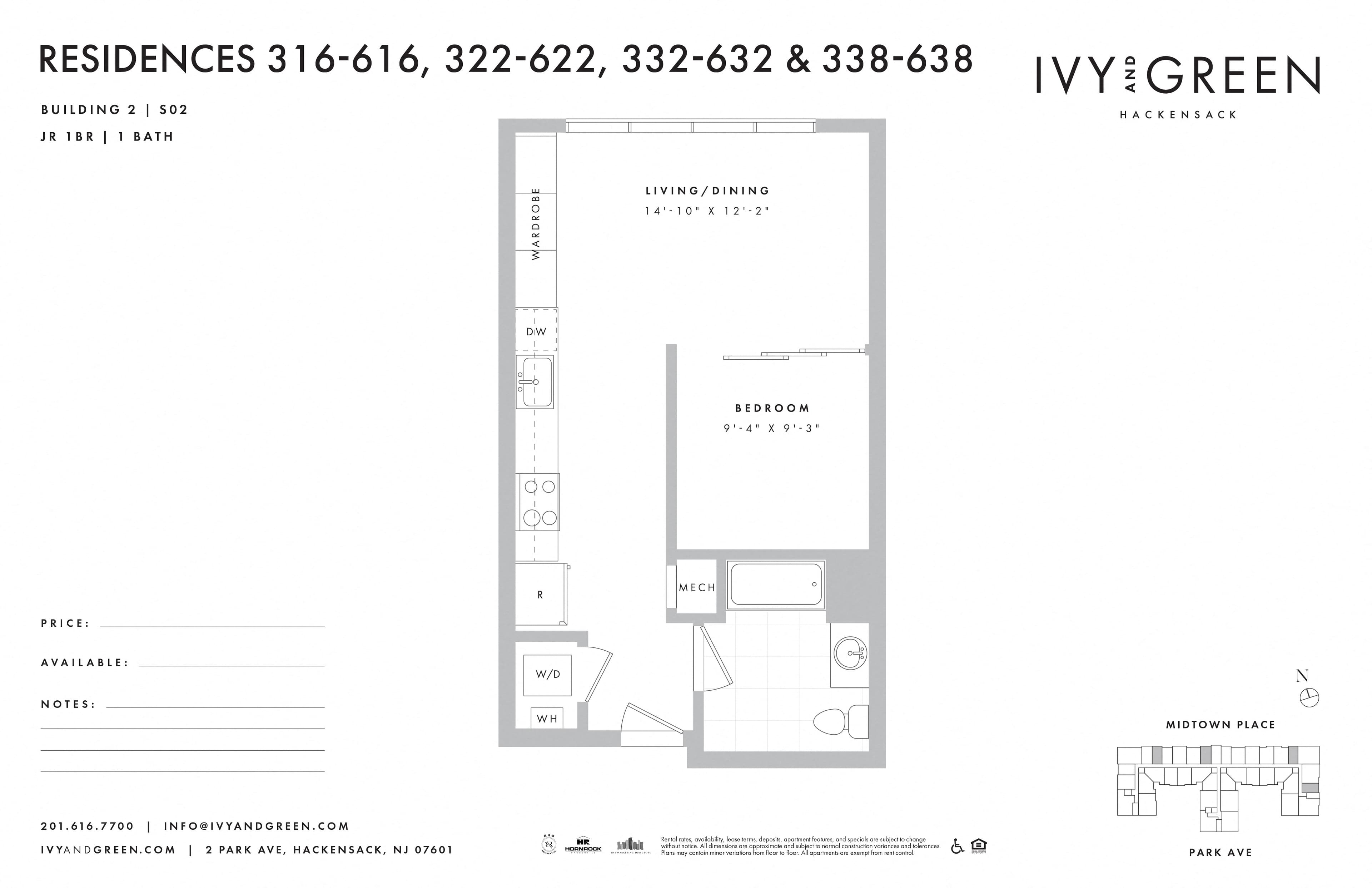 Junior 1 Bedroom floor plan at Ivy and Green