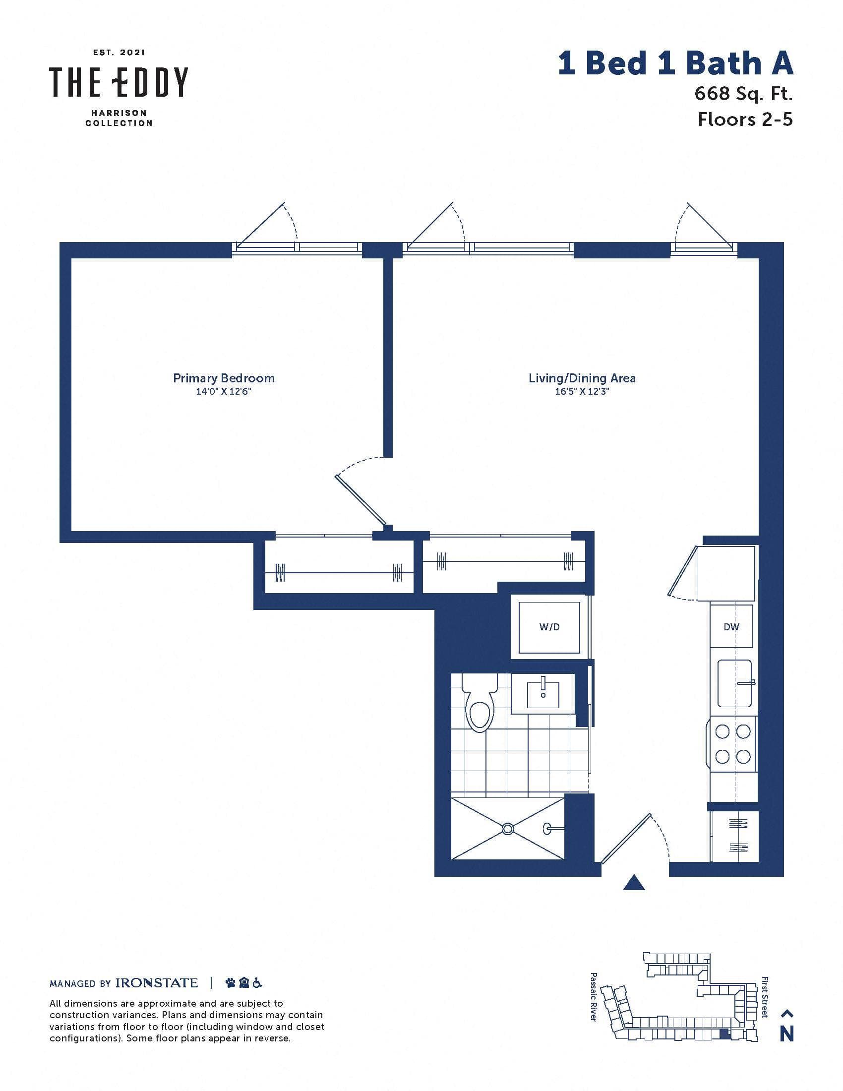 1 Bed 1 Bath A floor plan at The Eddy
