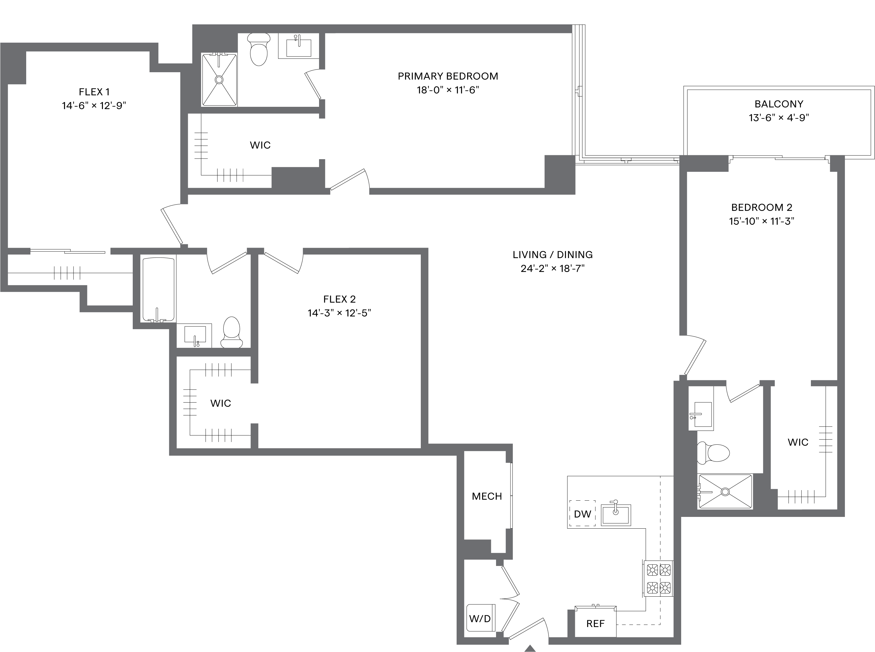 2 Bed+2Flex/3 Bath-B4A floor plan at Hudson House East