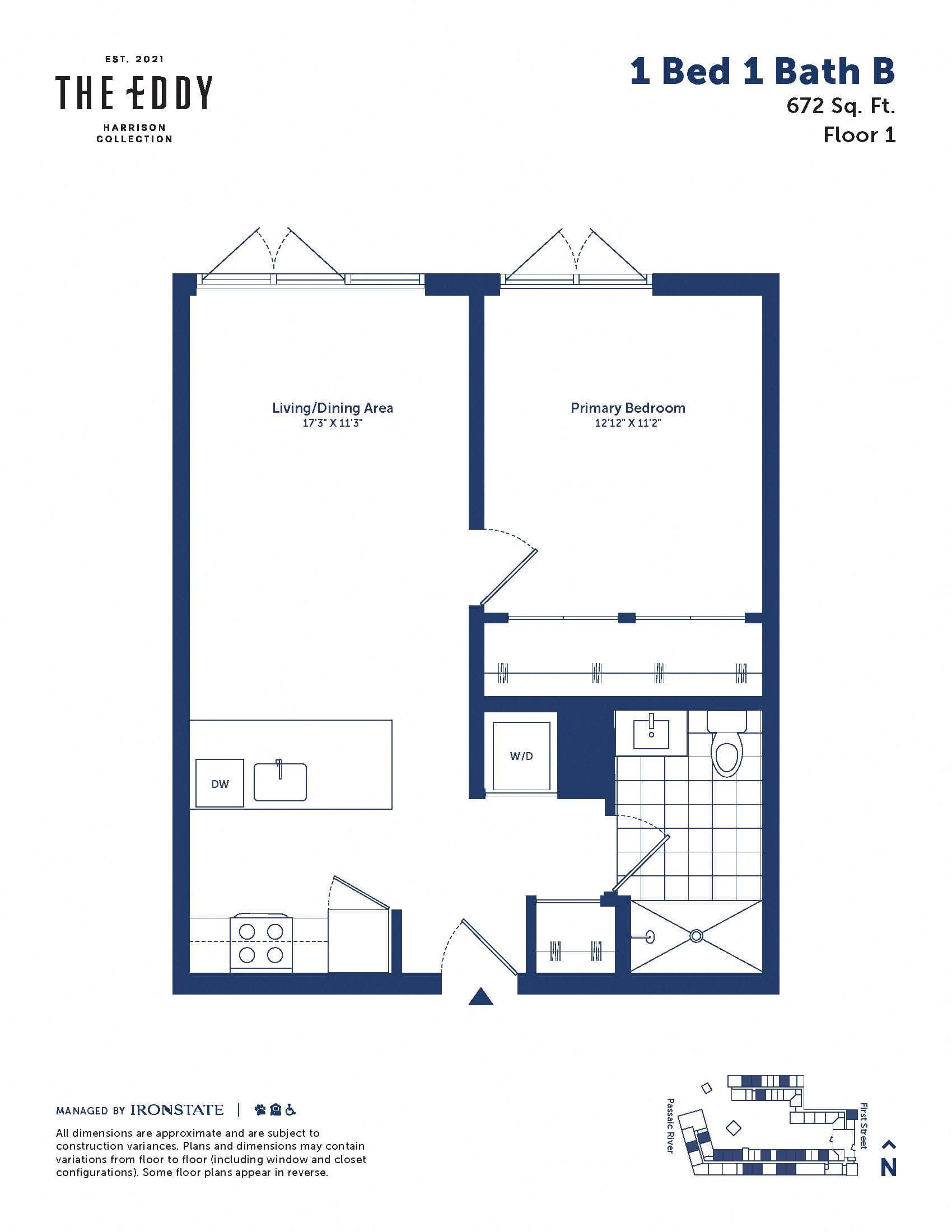 1 Bed 1 Bath B floor plan at The Eddy